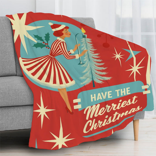 Merriest Christmas Retro Girl Flannel Throw Blanket