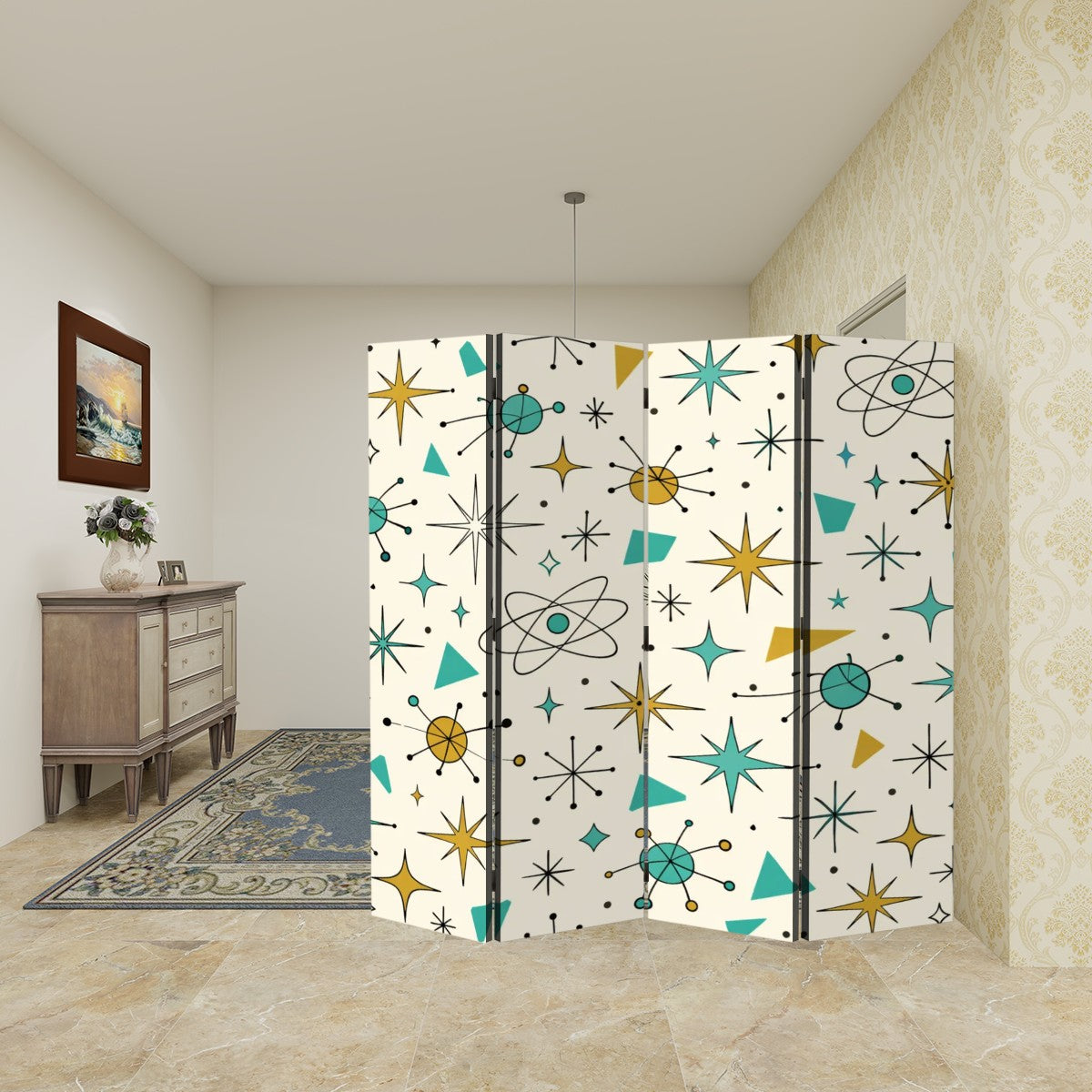 The "Atomic Starburst" 4-Panel Room Divider – Mid-Century Modern Folding Screen with Vintage Googie Pattern