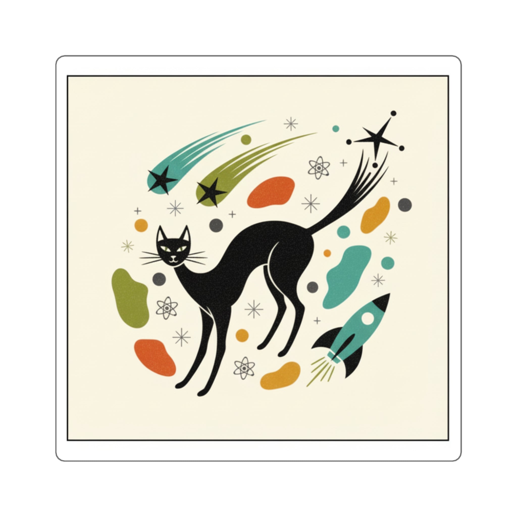 Atomic Cat Square Sticker — Retro Sci‑Fi Cartoon Cat Decal