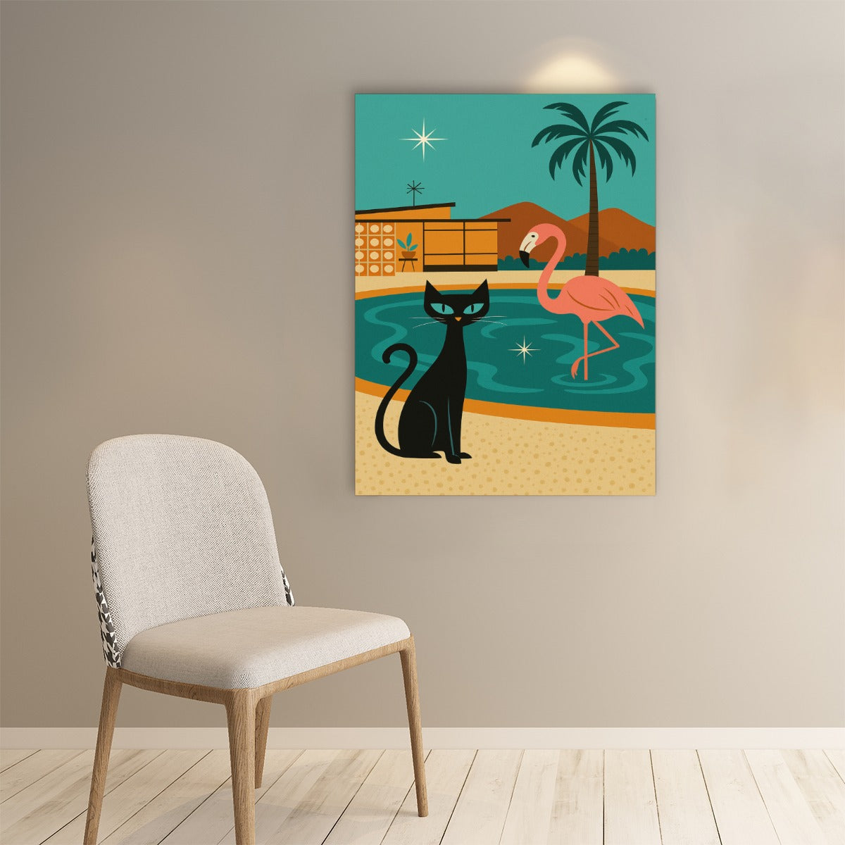 Atomic Cat & Flamingo Poolside Vibes – Mid-Century Modern Wall Art Poster