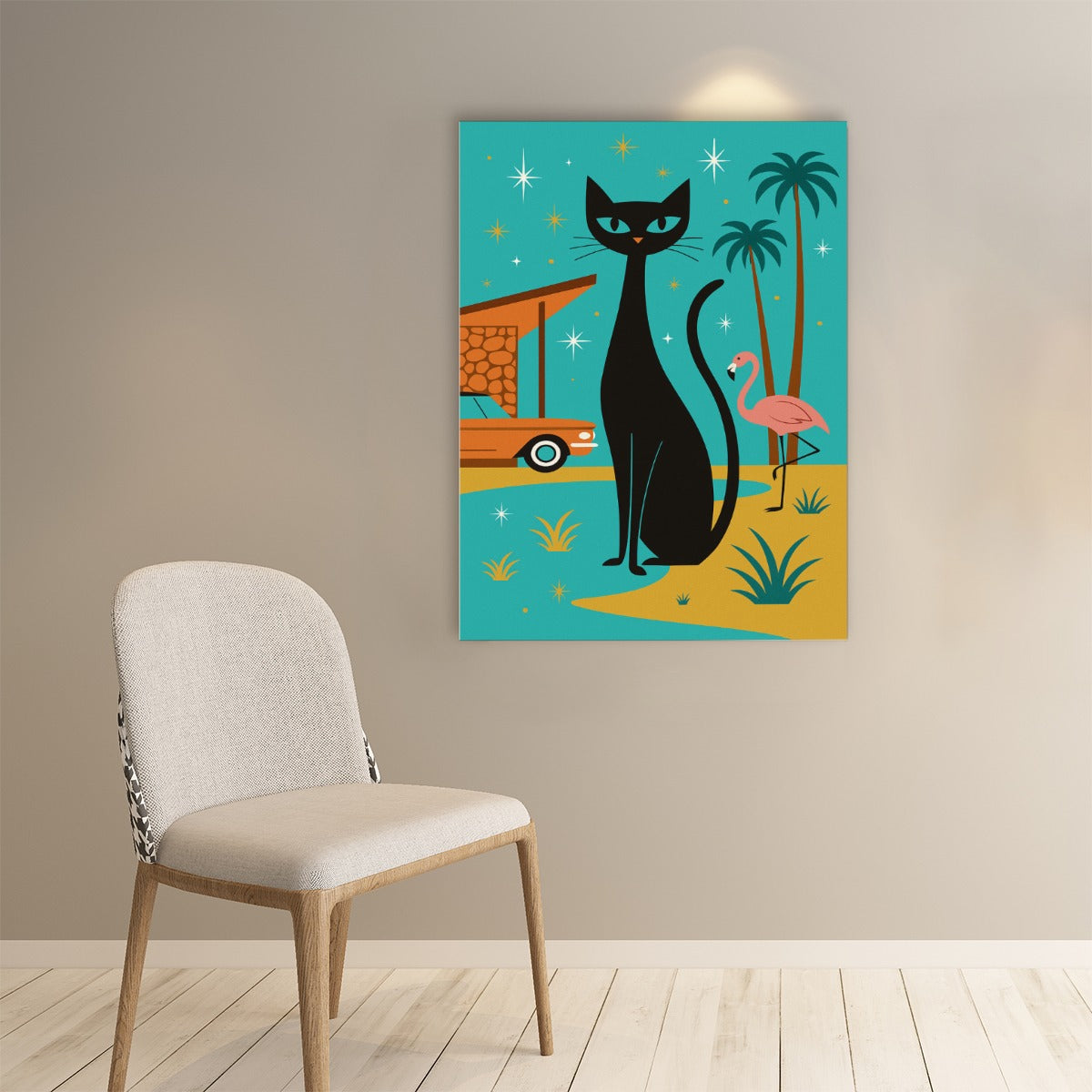 Atomic Cat & Flamingo Drive-In – Mid-Century Modern Wall Art Poster