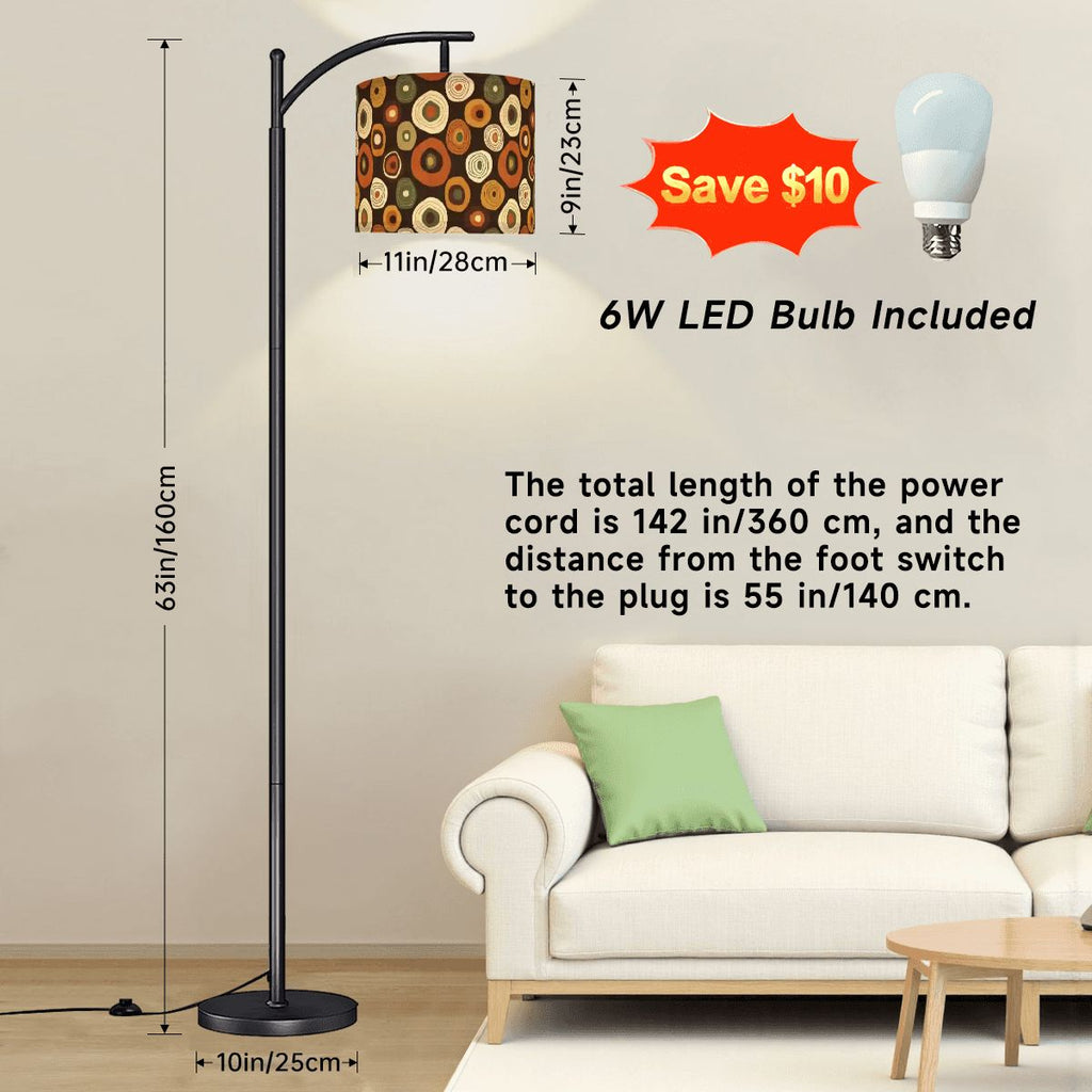 “Mod Button Burst” Arc Floor Lamp — Retro Circle‑Pattern Shade + Smart LED