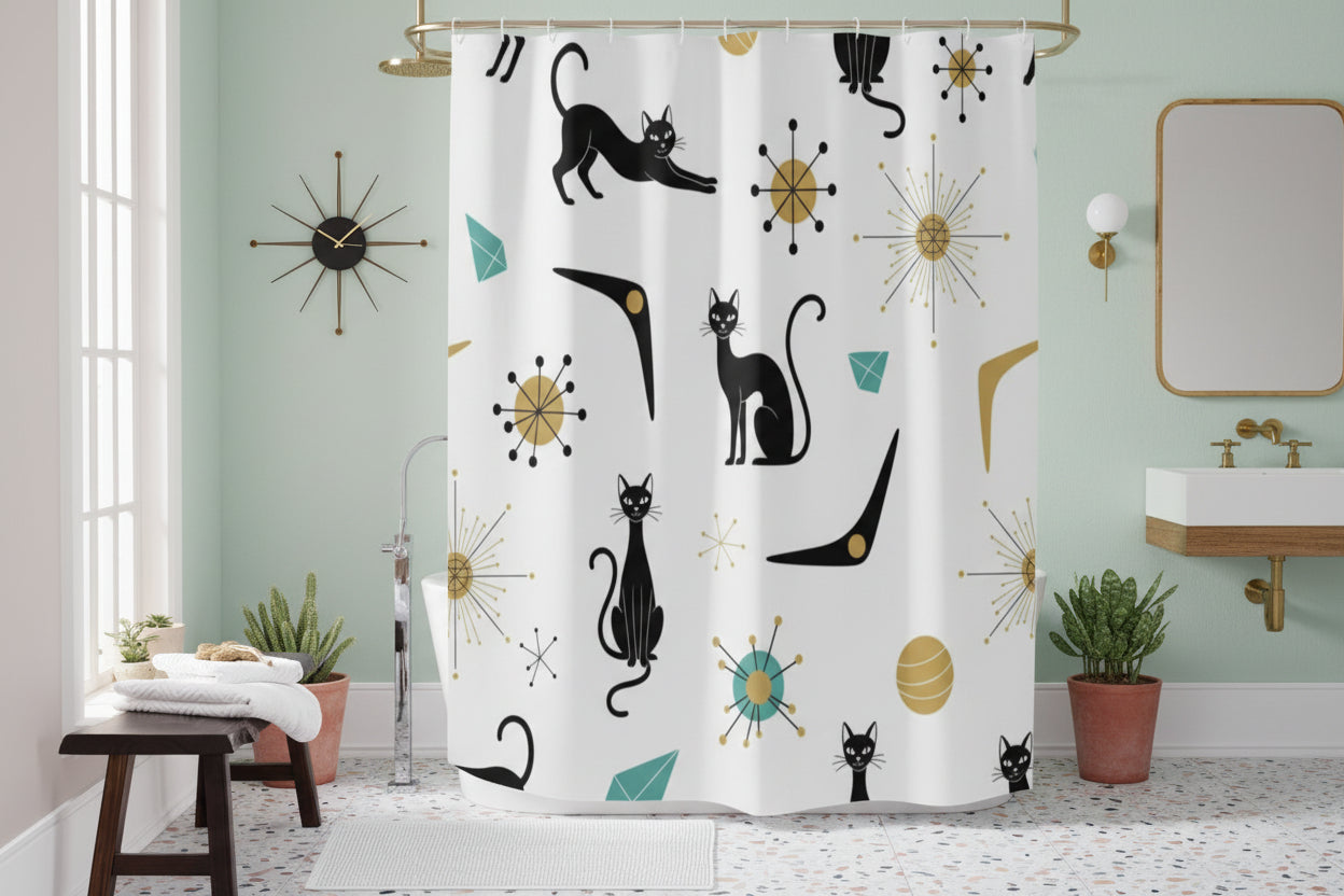 The "Kit-Cat" Atomic Shower Curtain | Retro Black Cat & Starburst Art | Teal, Gold & Black
