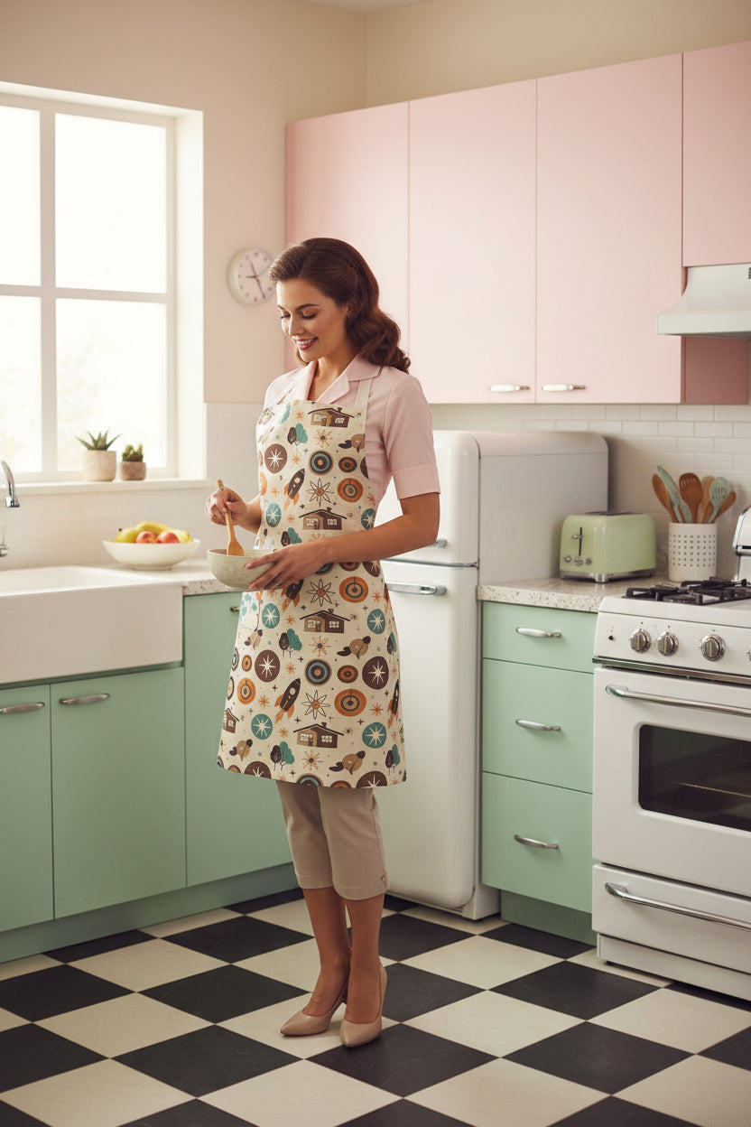 Mid‑Century Adventure Adjustable Apron With White Strap — Retro Viking Motif