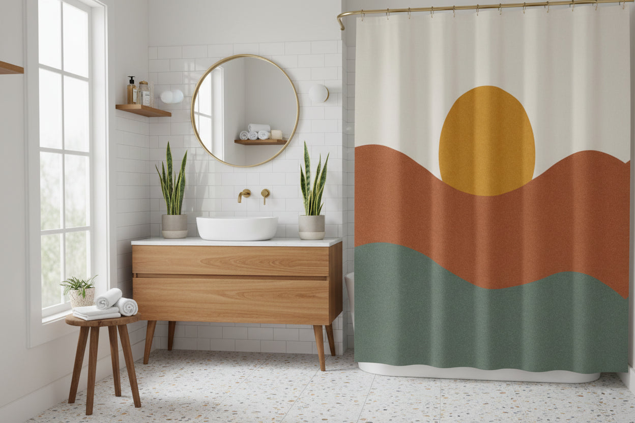 The "Sedona" Sunrise Shower Curtain | Abstract Desert Landscape Art | Rust, Sage & Mustard
