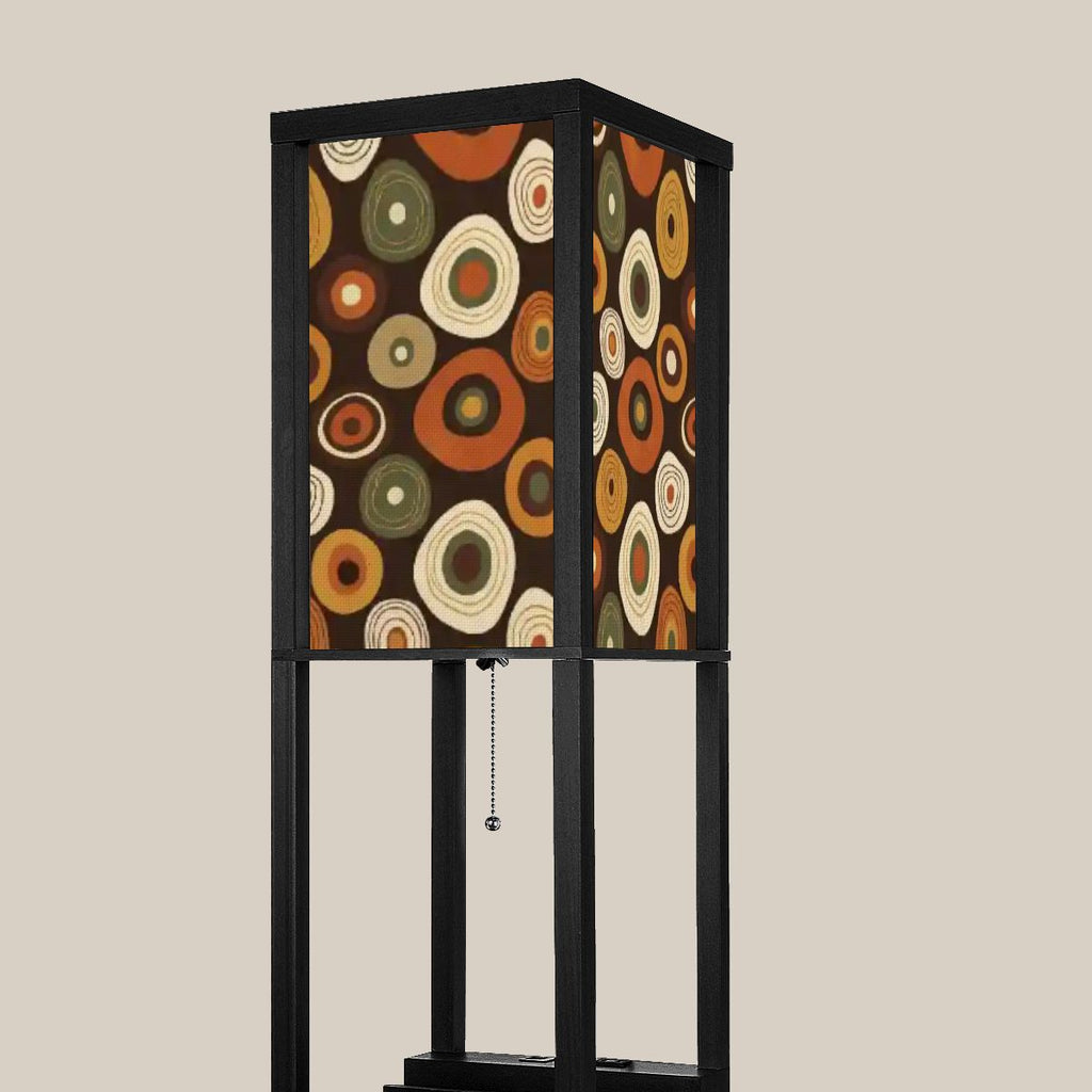 “Orbit Ember Tower Lamp” — Mid‑Century Modern Floor Lamp with Shelves + Retro Circle Panels