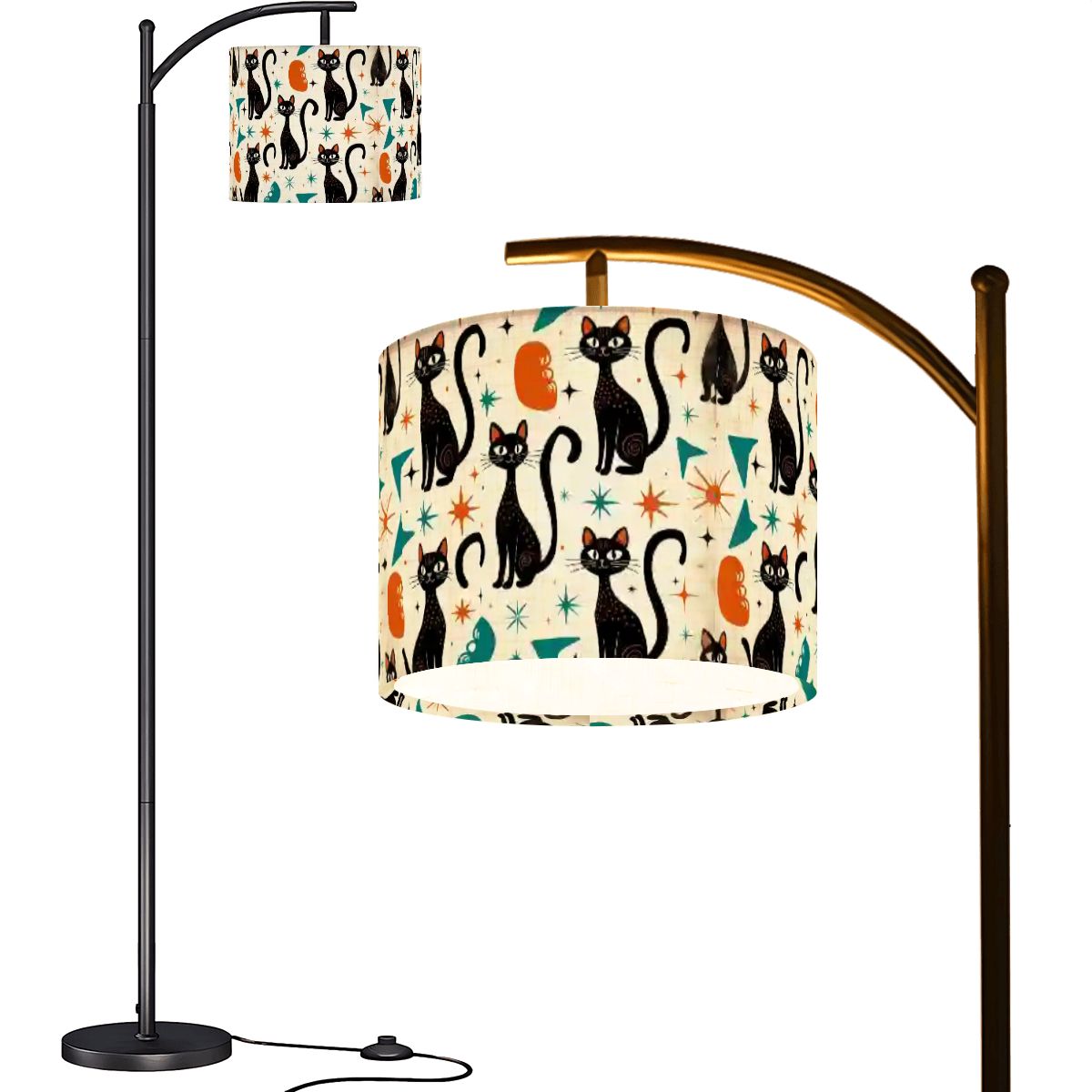 “Midnight Familiar” Arc Floor Lamp — Celestial Cat Shade + Smart LED