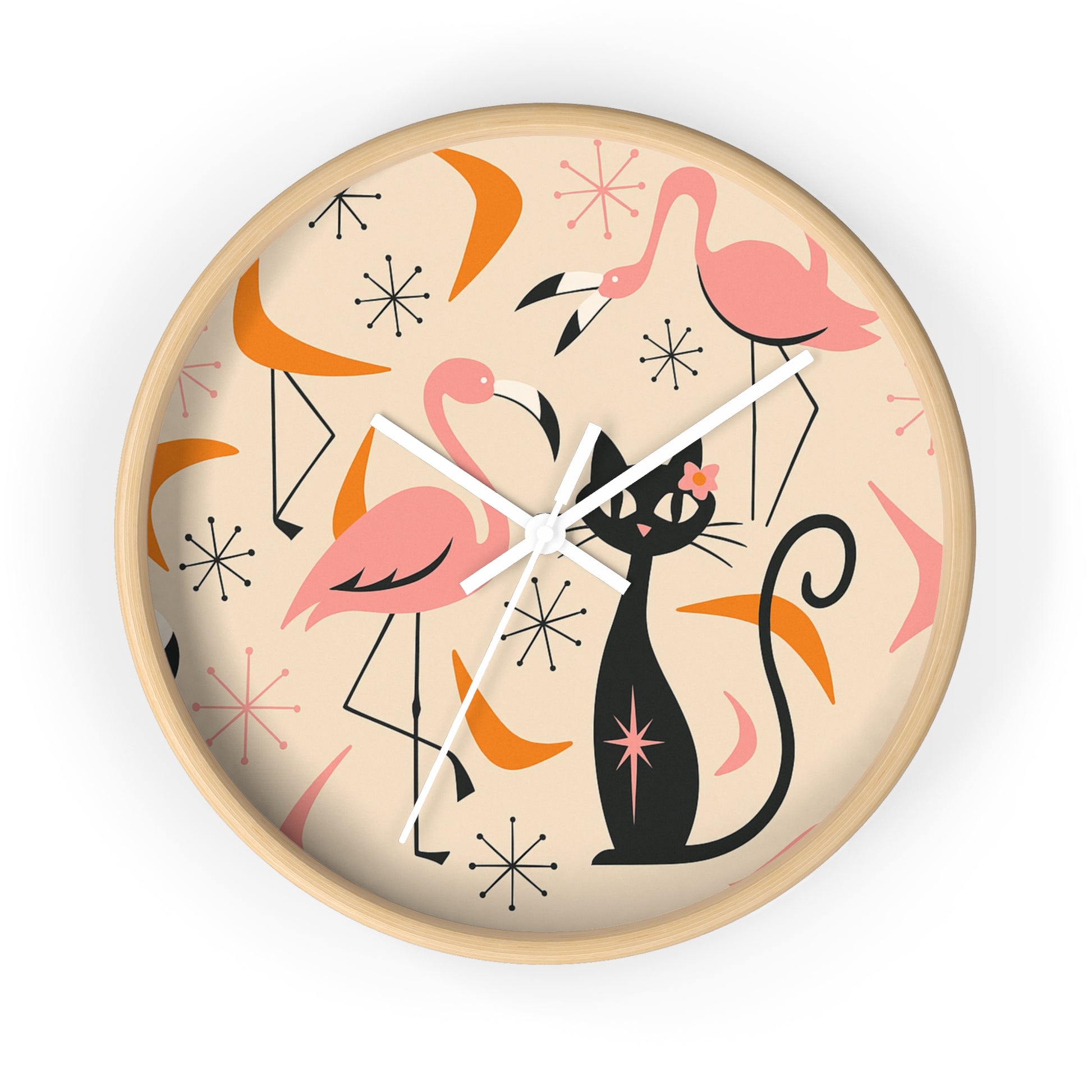 Retro Flamingo & Cat Wall Clock