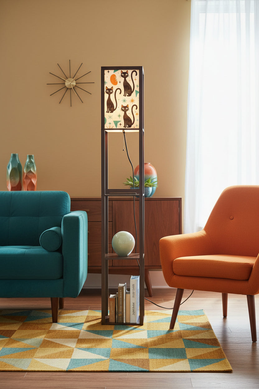 “Cosmic Kitty Tower Lamp” — Mid‑Century Modern Floor Lamp with Shelves + Celestial Cat Panels