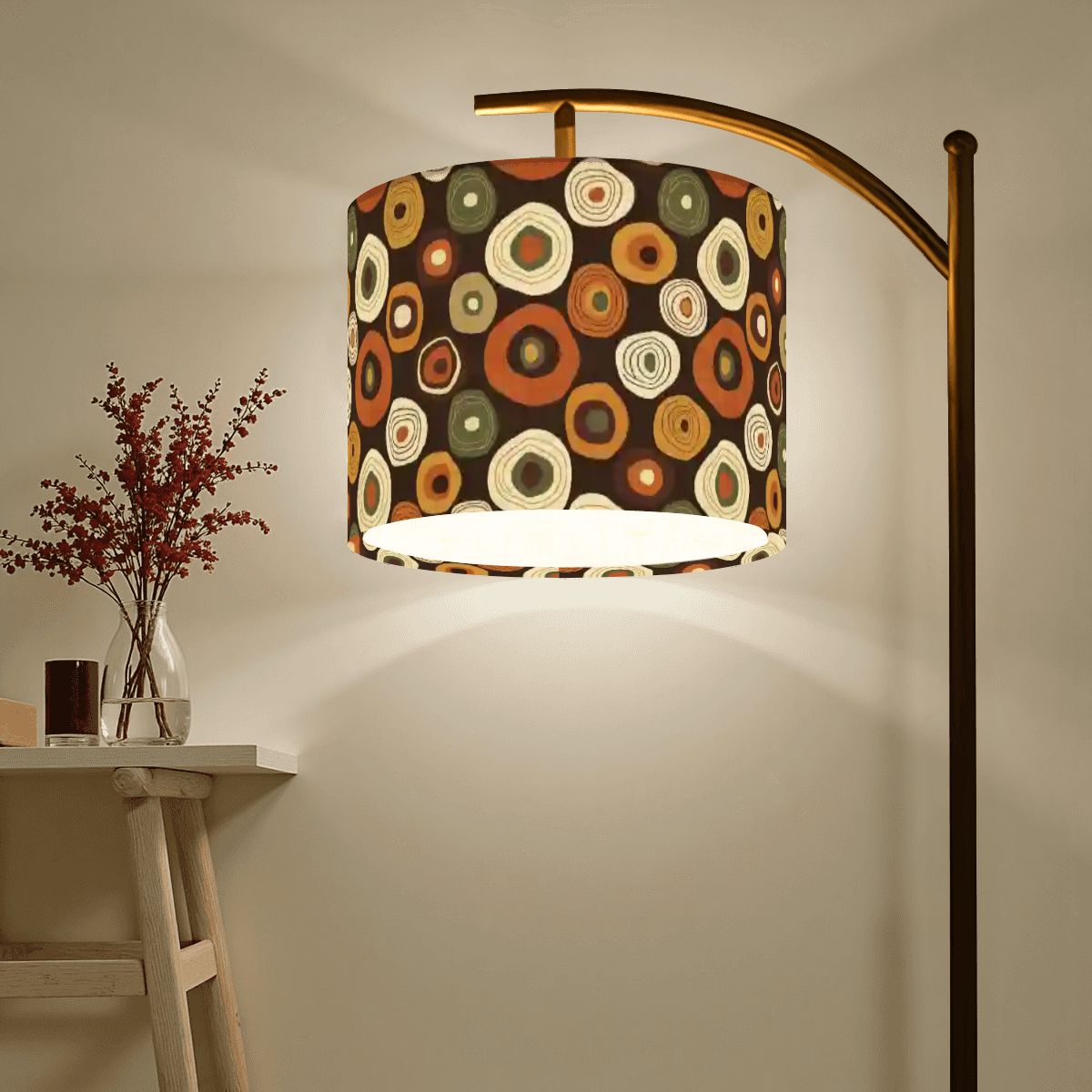 “Mod Button Burst” Arc Floor Lamp — Retro Circle‑Pattern Shade + Smart LED