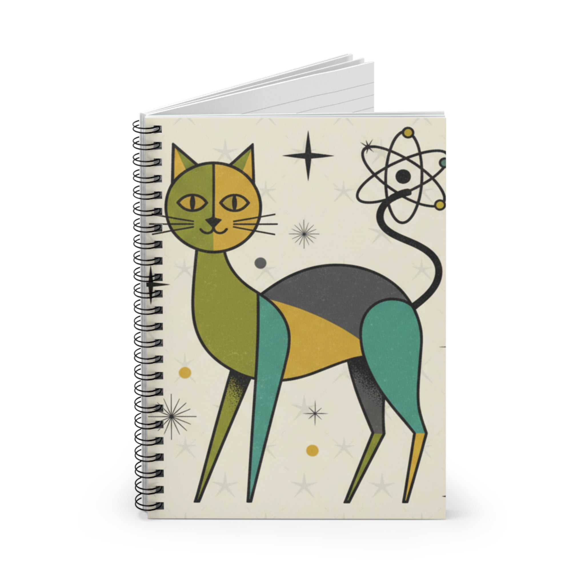Midcentury Atomic Cat Spiral Notebook — Ruled Journal for Retro Lovers