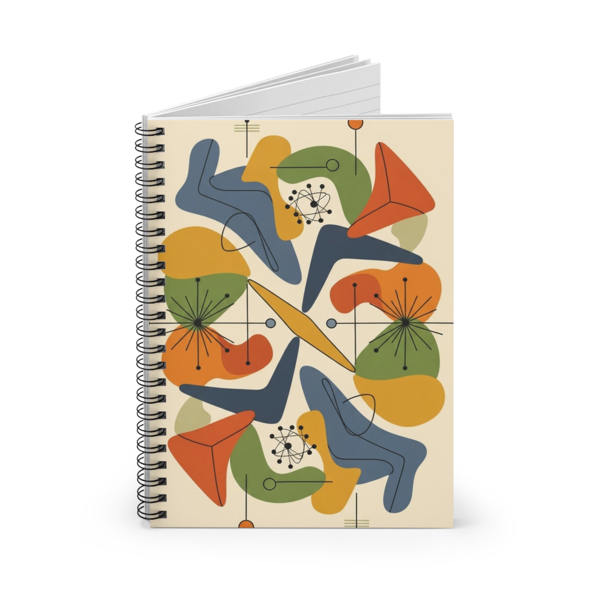 Abstract Mid-Century Spiral Notebook — Retro Floral Pattern, Ruled Journal