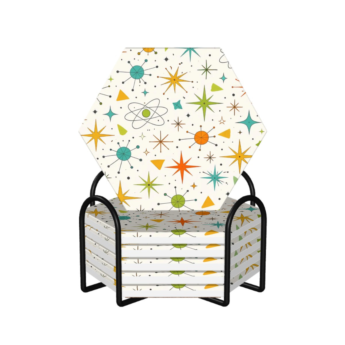 Hexagon Ceramic Coasters Set of 6 – Mid‑Century Modern Print Edition