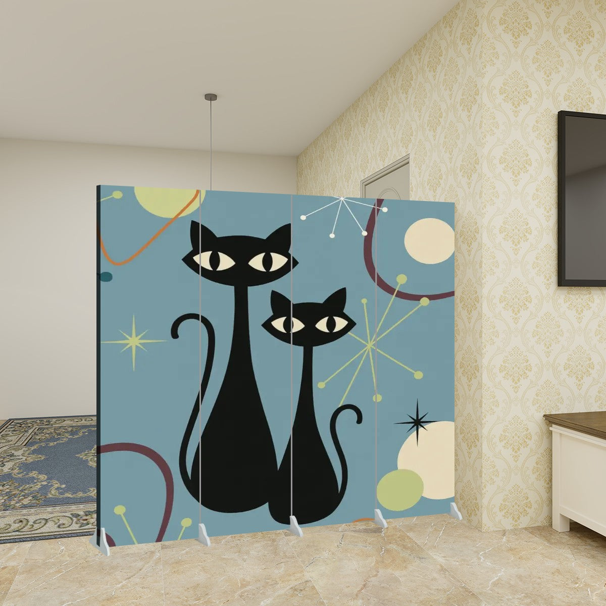 Retro Atomic Cats 4-Panel Folding Screen