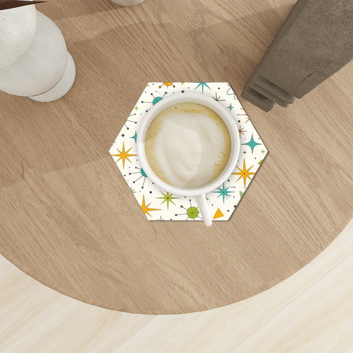Hexagon Ceramic Coasters Set of 6 – Mid‑Century Modern Print Edition