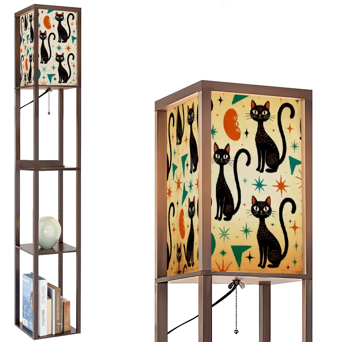 “Cosmic Kitty Tower Lamp” — Mid‑Century Modern Floor Lamp with Shelves + Celestial Cat Panels