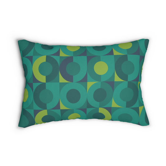 Green Geometric Orbit Lumbar Pillow – Mid-Century Modern Vibe (20×14)