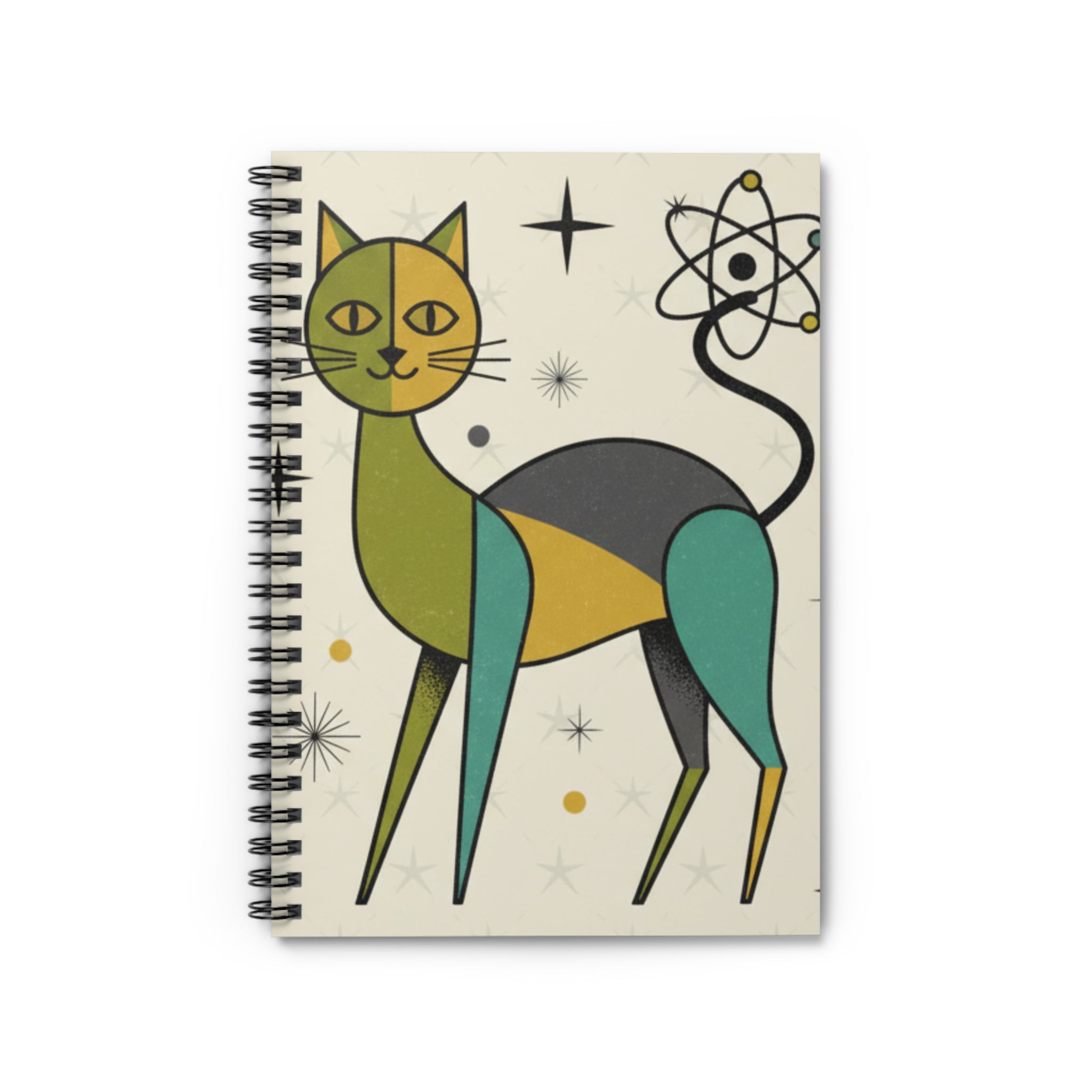 Midcentury Atomic Cat Spiral Notebook — Ruled Journal for Retro Lovers