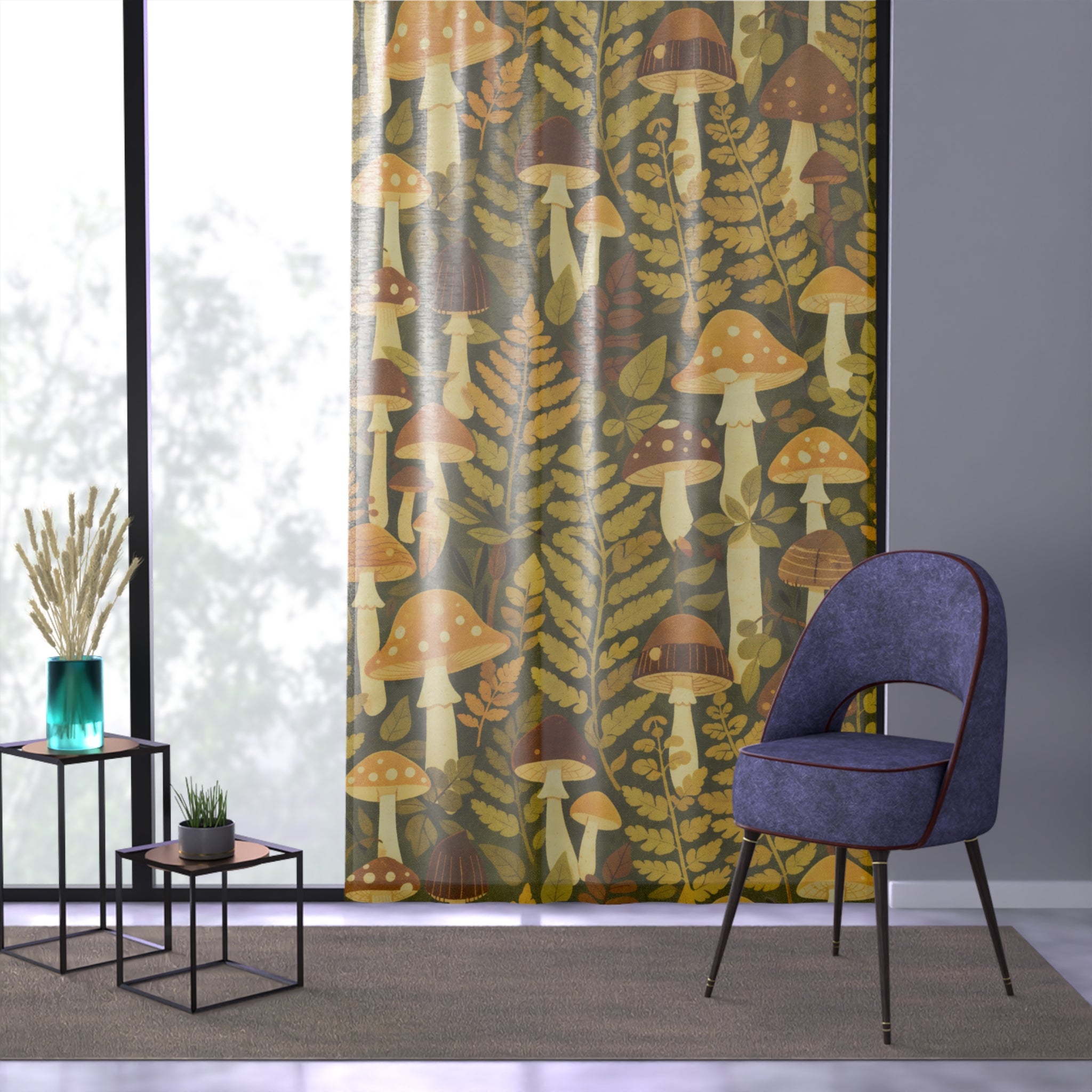 Woodland Wanderlust Mid-Century Sheer Curtain Panel — Mushroom & Fern Motif