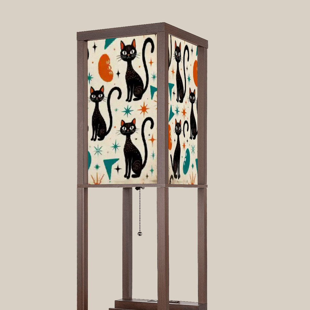 “Cosmic Kitty Tower Lamp” — Mid‑Century Modern Floor Lamp with Shelves + Celestial Cat Panels