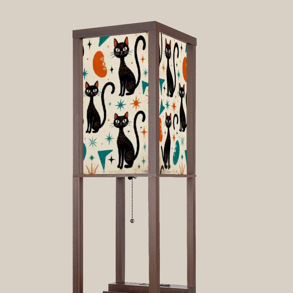 “Cosmic Kitty Tower Lamp” — Mid‑Century Modern Floor Lamp with Shelves + Celestial Cat Panels