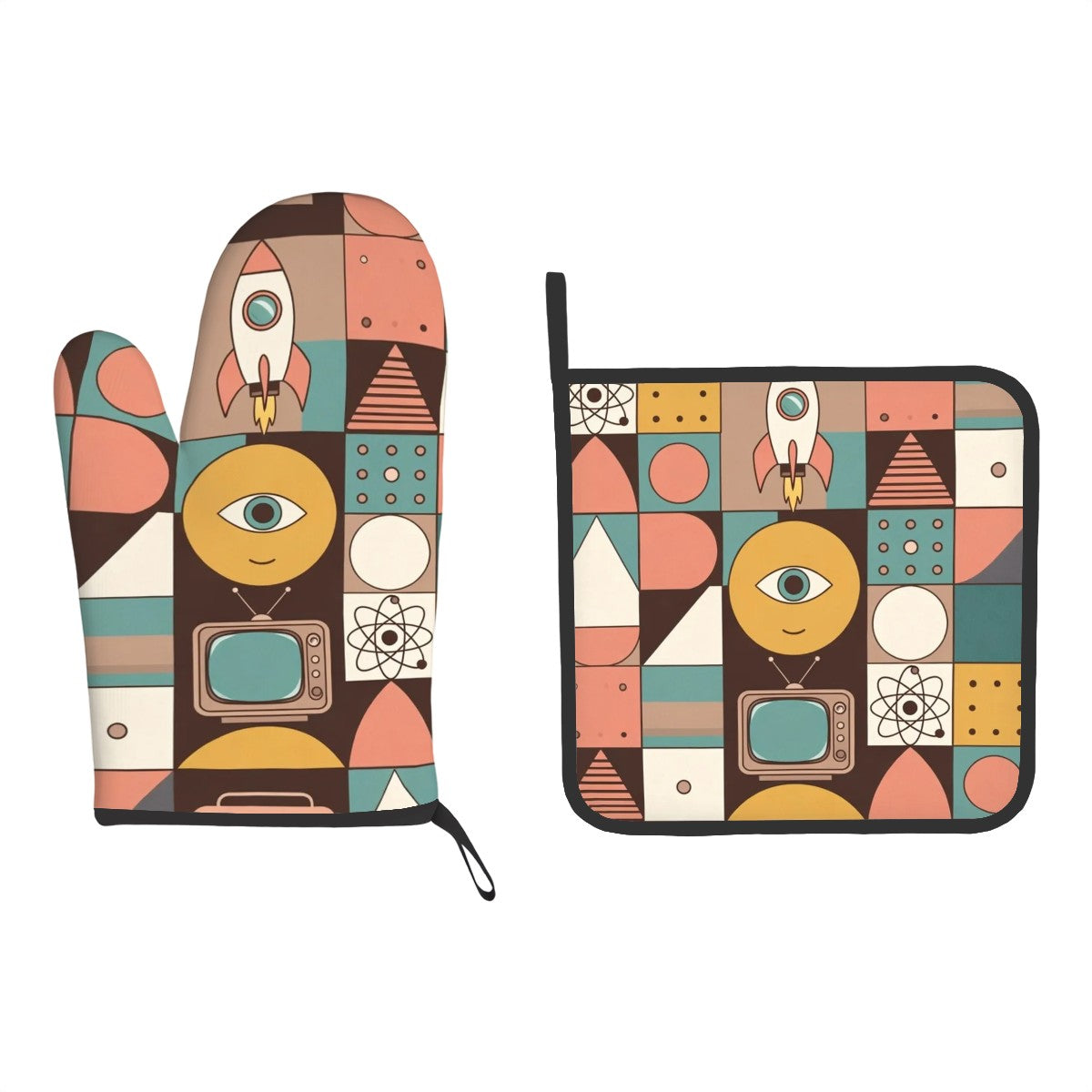 Mid‑Century Modern Oven Mitt & Pot Holder Set — Retro Kitchen Essentials