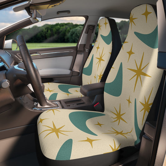Retro Starburst Car Seat Covers – Set of 2 | Cream & Teal Mid-Century Atomic Print