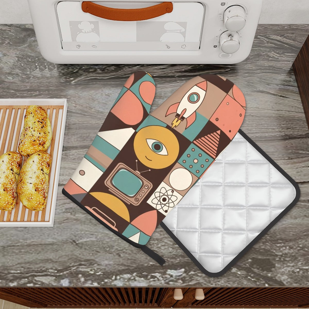 Mid‑Century Modern Oven Mitt & Pot Holder Set — Retro Kitchen Essentials