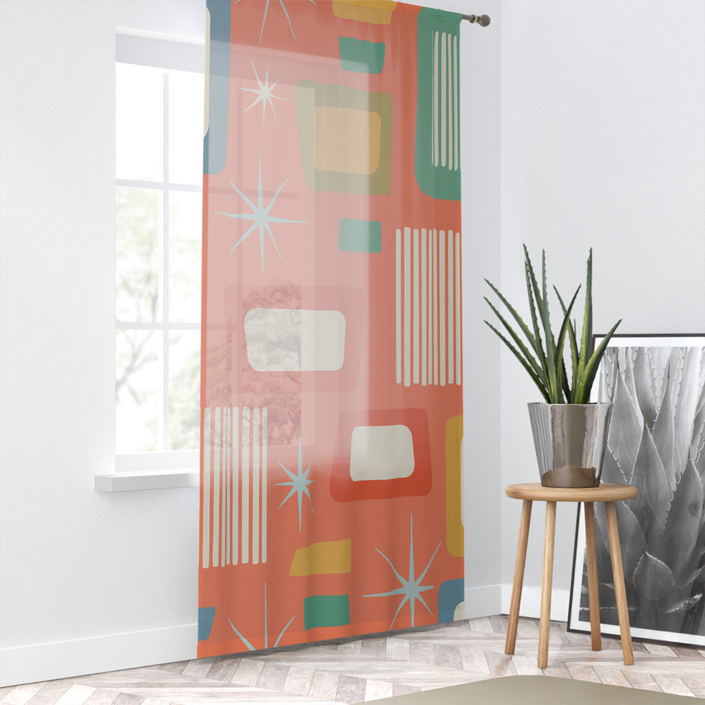Atomic Coral Mid-Century Modern Curtain Panel – Retro Starburst & Mod Block Print