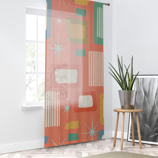 Atomic Coral Mid-Century Modern Curtain Panel – Retro Starburst & Mod Block Print