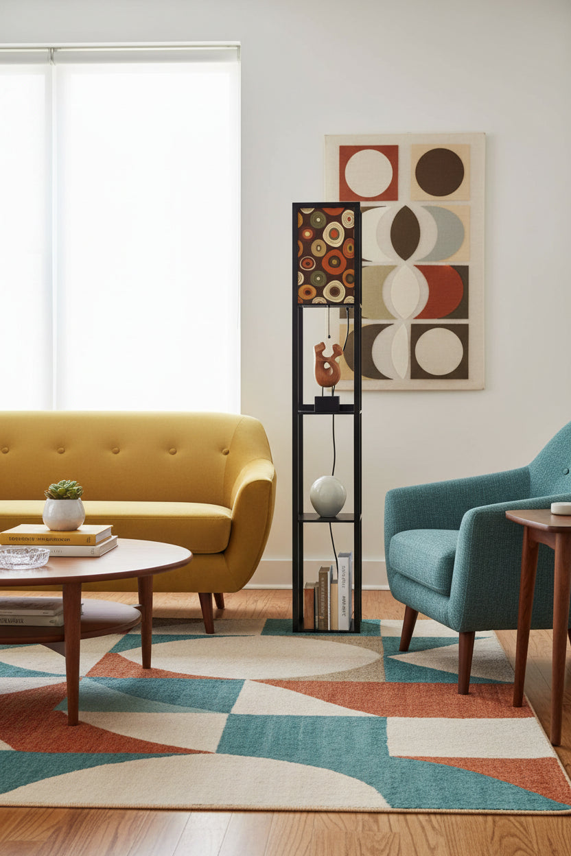 “Orbit Ember Tower Lamp” — Mid‑Century Modern Floor Lamp with Shelves + Retro Circle Panels