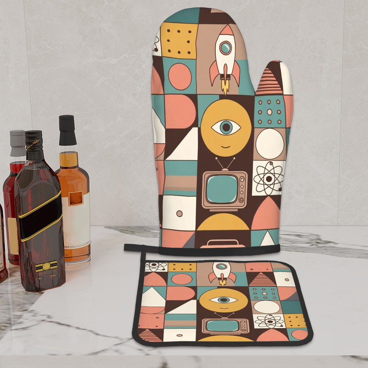 Mid‑Century Modern Oven Mitt & Pot Holder Set — Retro Kitchen Essentials