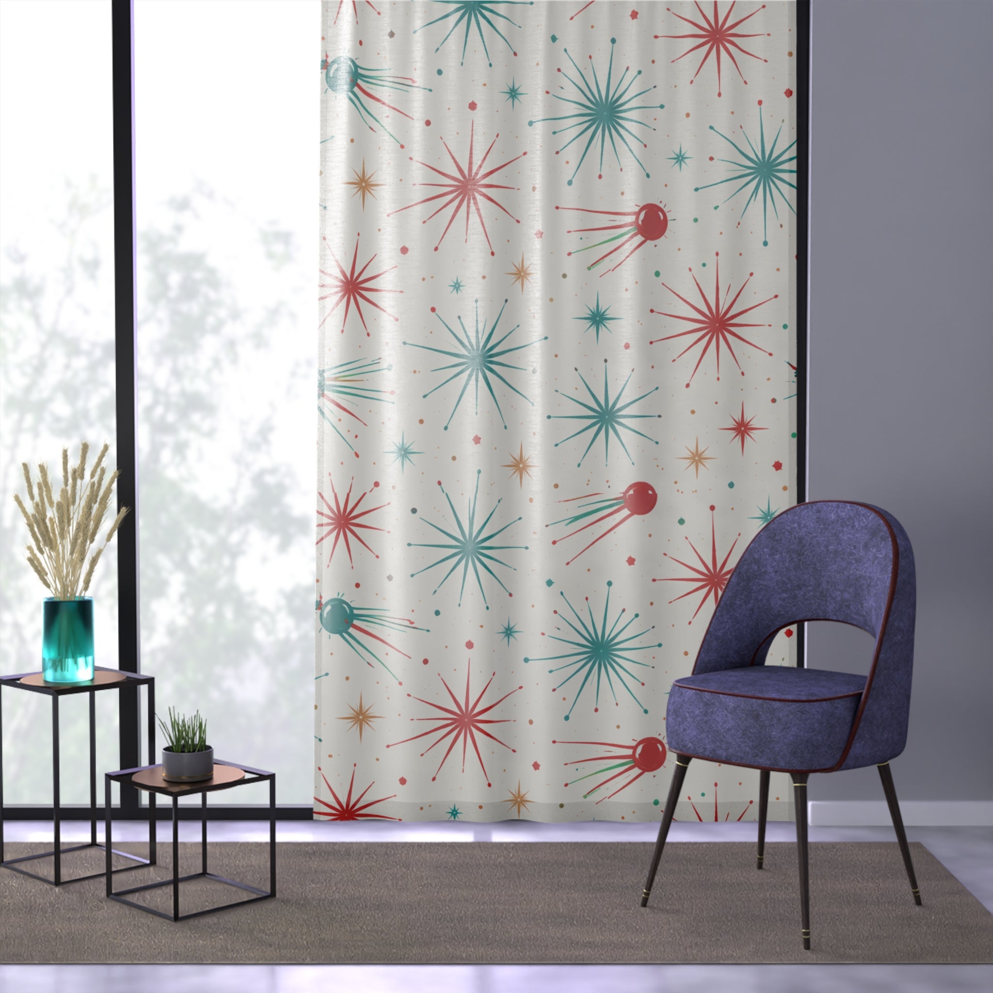 Mid-Century Starburst Sheer Window Curtain — Retro Atomic Space Pattern