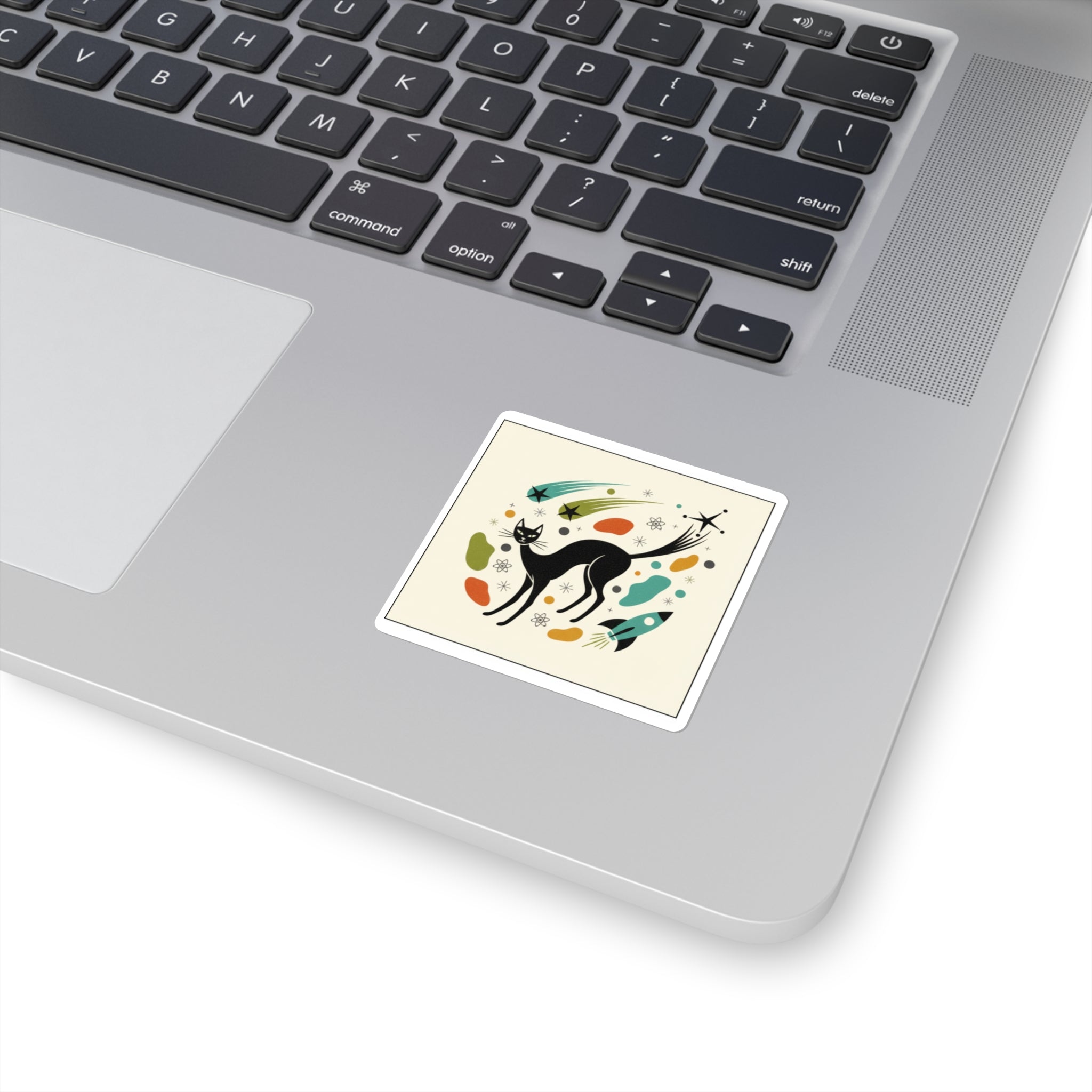 Atomic Cat Square Sticker — Retro Sci‑Fi Cartoon Cat Decal
