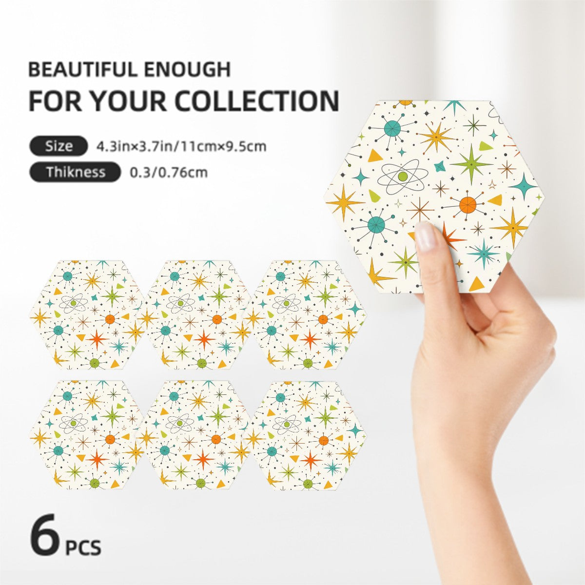 Hexagon Ceramic Coasters Set of 6 – Mid‑Century Modern Print Edition