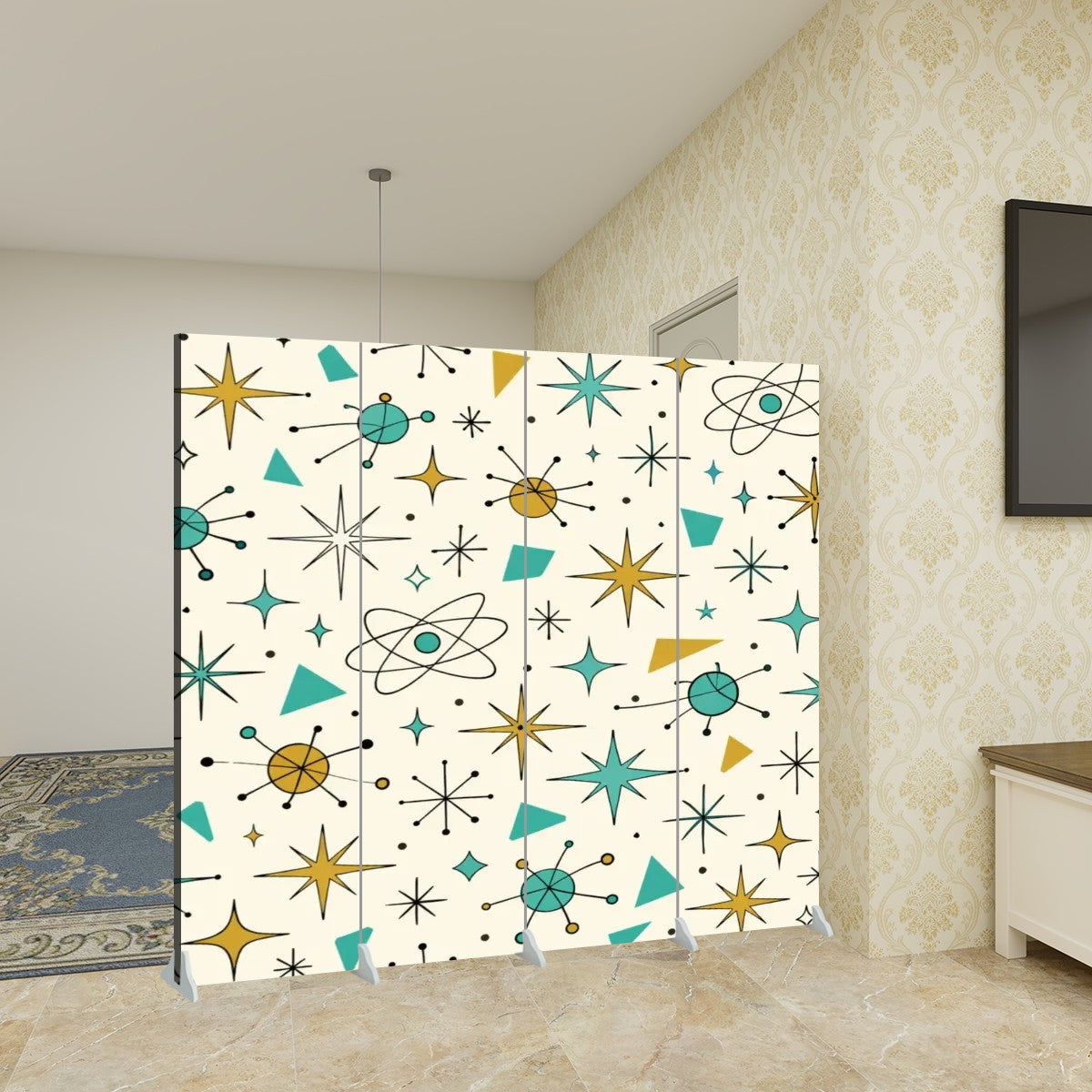 The "Atomic Starburst" 4-Panel Room Divider – Mid-Century Modern Folding Screen with Vintage Googie Pattern