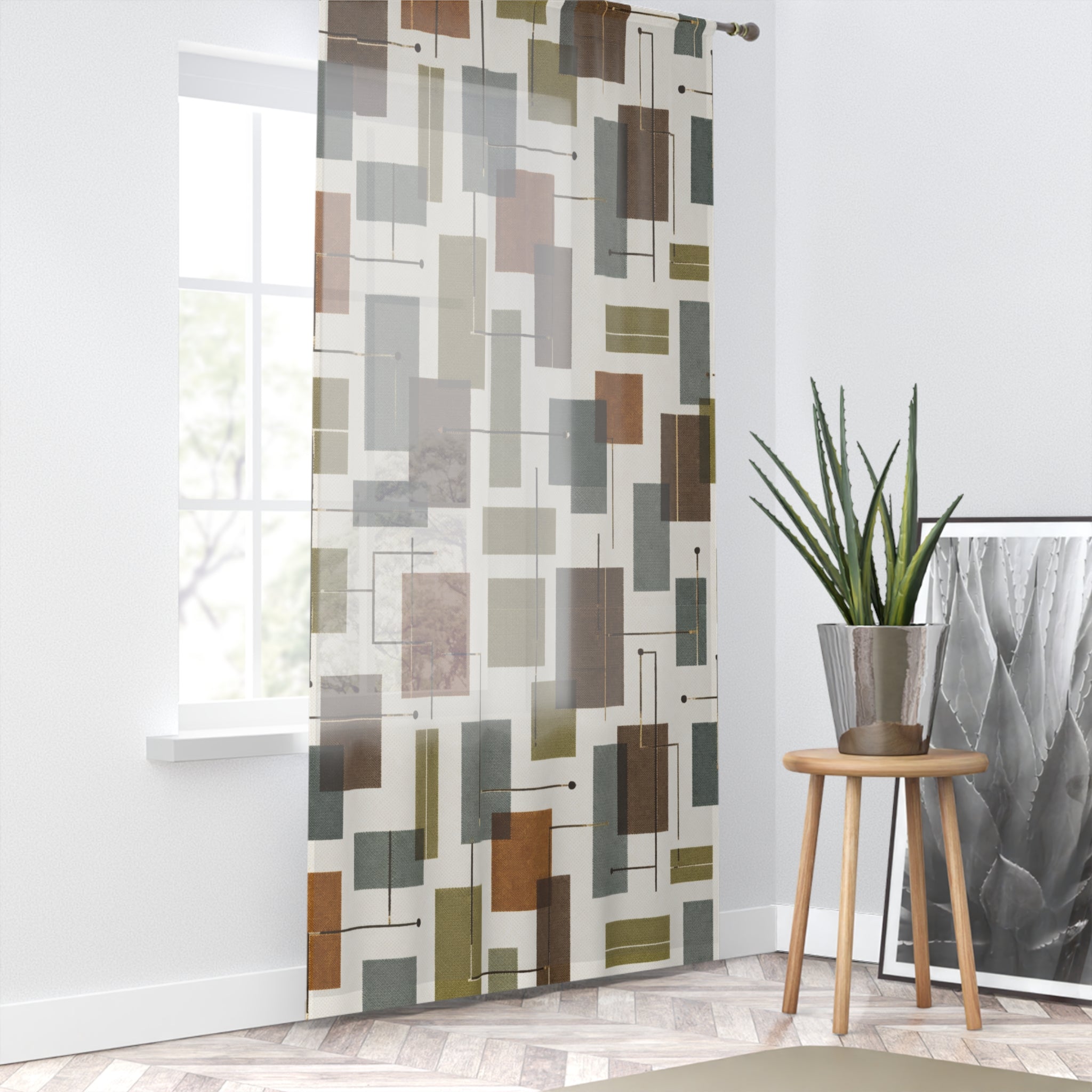 Mid-Century Bookworm Abstract Sheer Curtain Panel