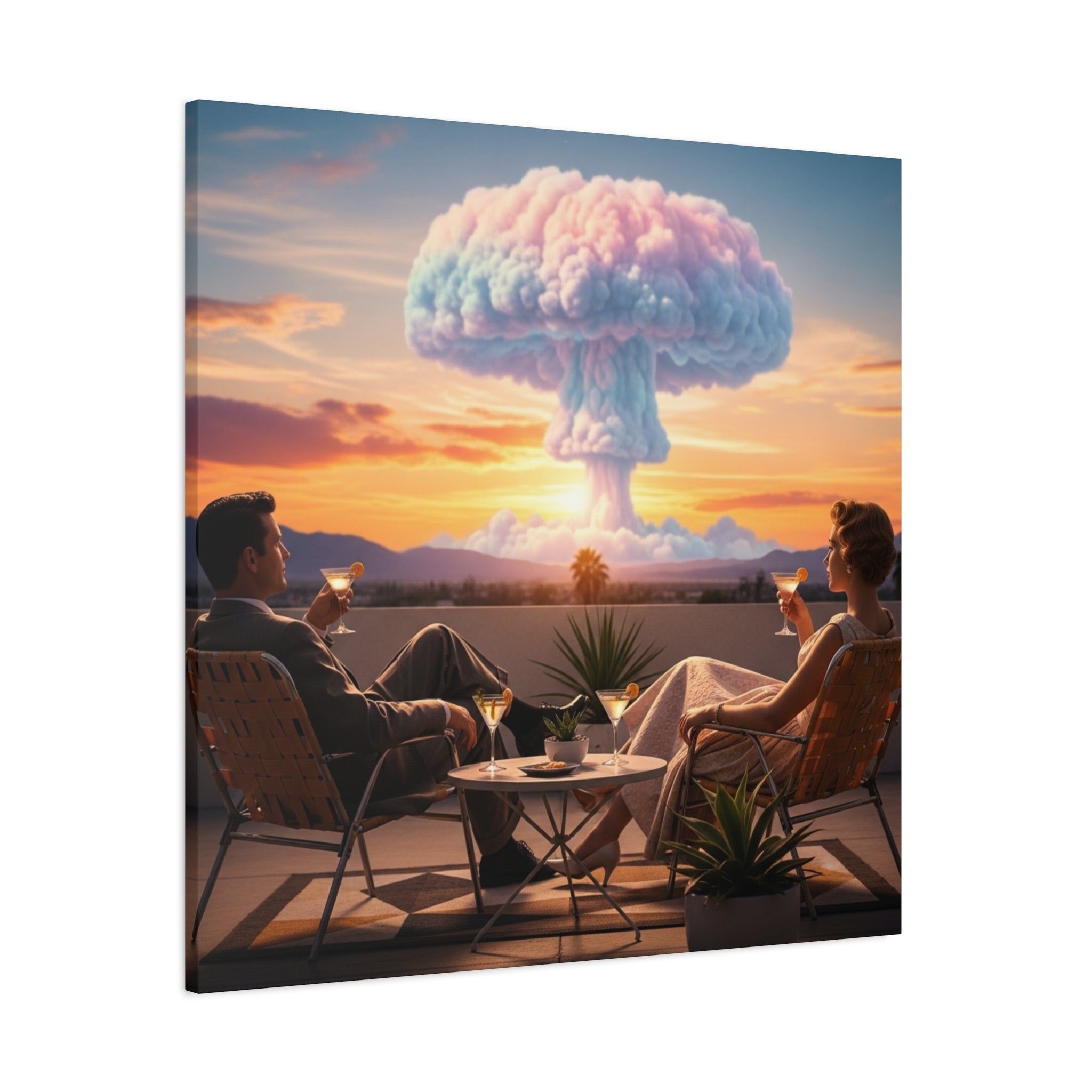 Atomic Sunset: Retro Couple & Mushroom Cloud Canvas Print | Mid-Century Modern Surrealism Wall Art