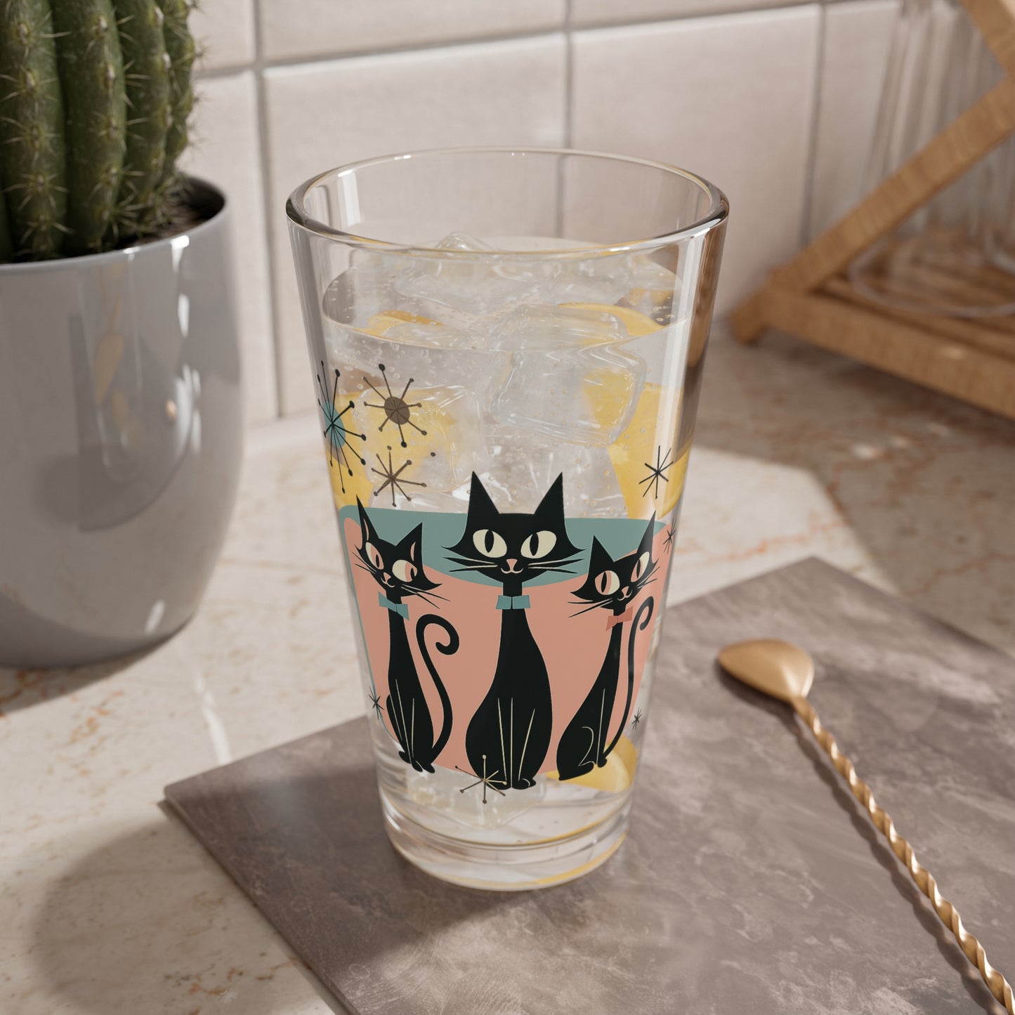Atomic Cats Pint Glass – 16oz Retro MCM Cocktail & Drinking Glass