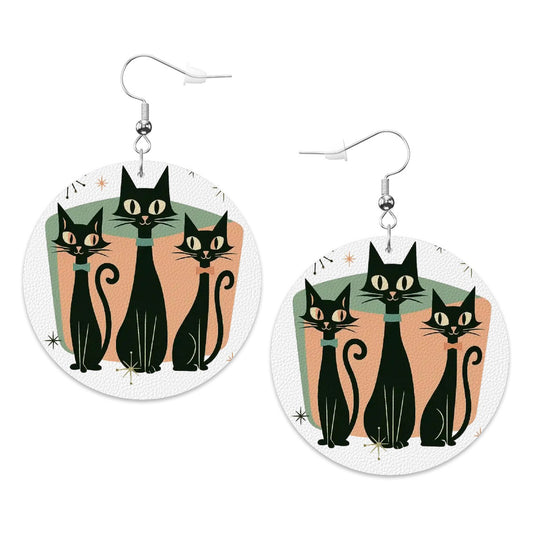 Atomic Cat Round Leather Earrings – Retro Mid Century Cool