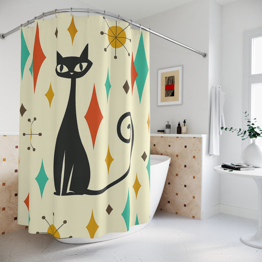Atomic Black Cat Shower Curtain – Mid-Century Whiskered Wonder