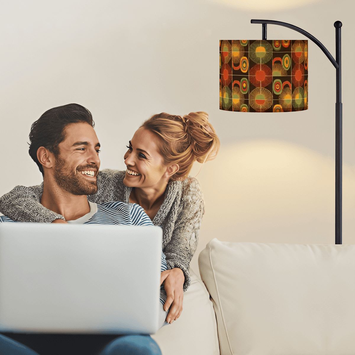 “Hearthstone Mod” Arc Floor Lamp — Warm Abstract Retro Shade + Smart LED