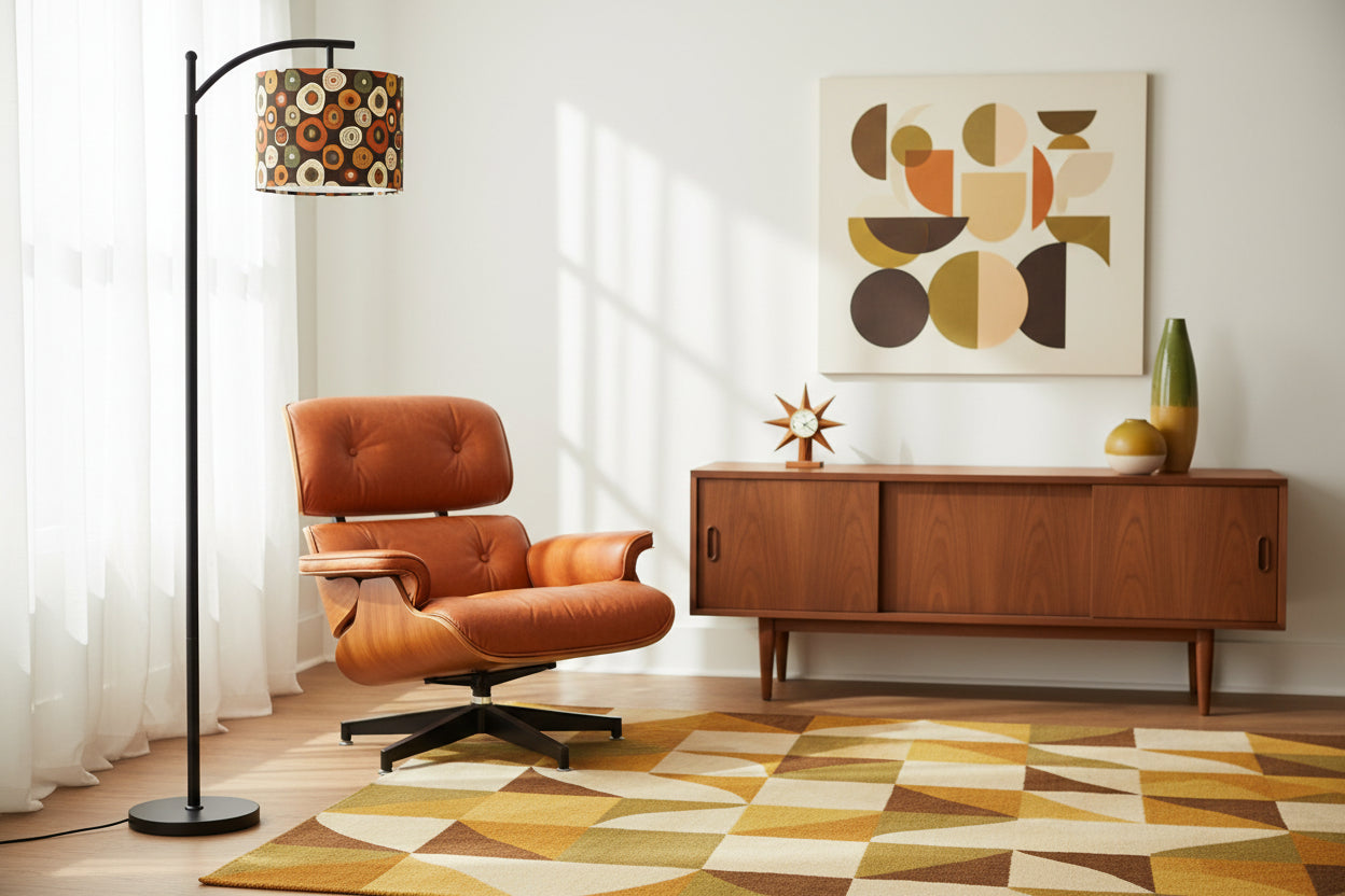 “Mod Button Burst” Arc Floor Lamp — Retro Circle‑Pattern Shade + Smart LED