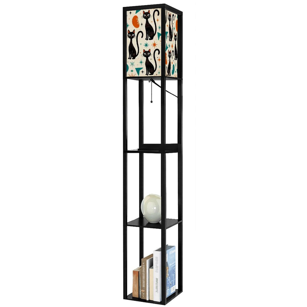 “Cosmic Kitty Tower Lamp” — Mid‑Century Modern Floor Lamp with Shelves + Celestial Cat Panels