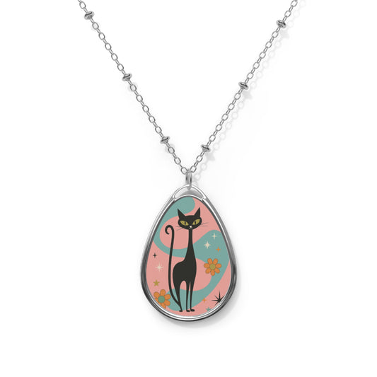 Atomic Black Cat Pendant Necklace – Retro Mid Century Groovy Style