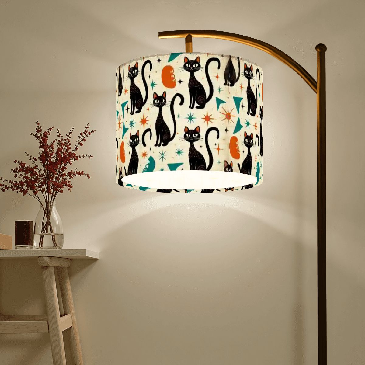 “Midnight Familiar” Arc Floor Lamp — Celestial Cat Shade + Smart LED