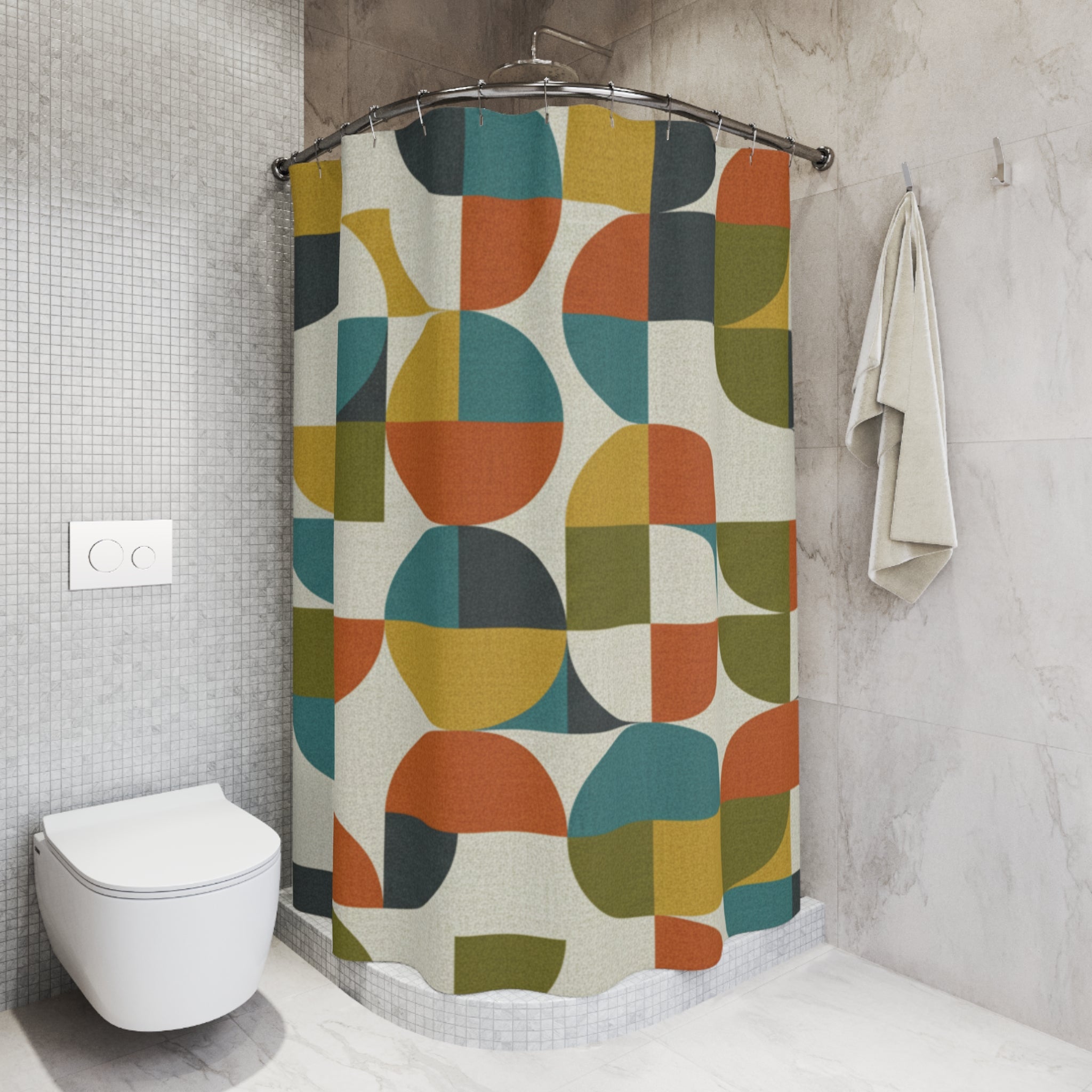 The Bauhaus Shower Curtain — Retro Geometric Bath Art