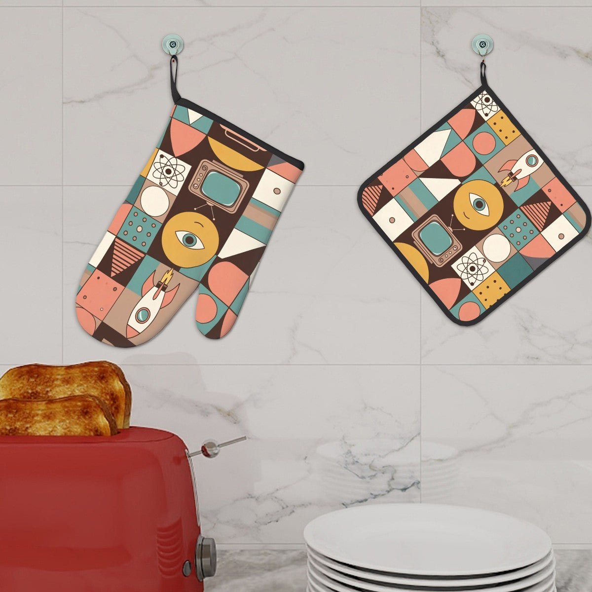 Mid‑Century Modern Oven Mitt & Pot Holder Set — Retro Kitchen Essentials