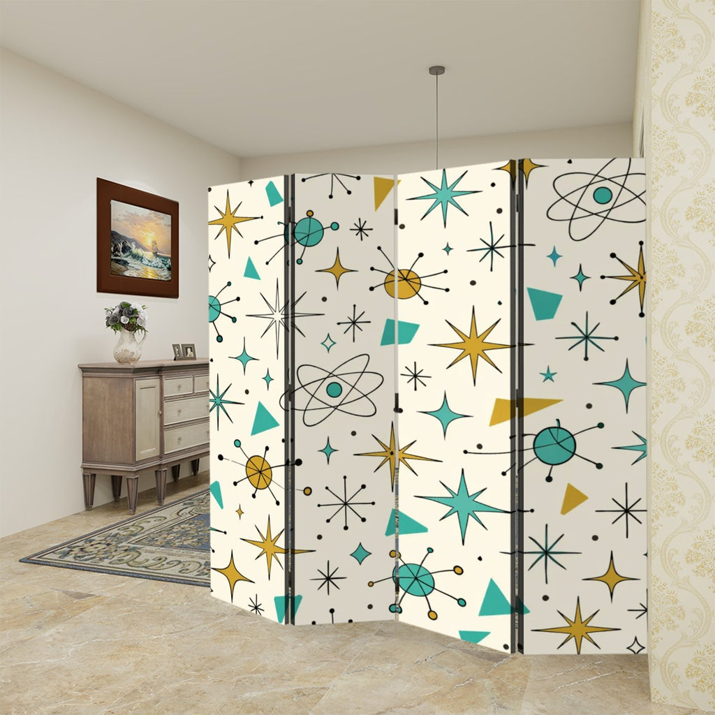 The "Atomic Starburst" 4-Panel Room Divider – Mid-Century Modern Folding Screen with Vintage Googie Pattern