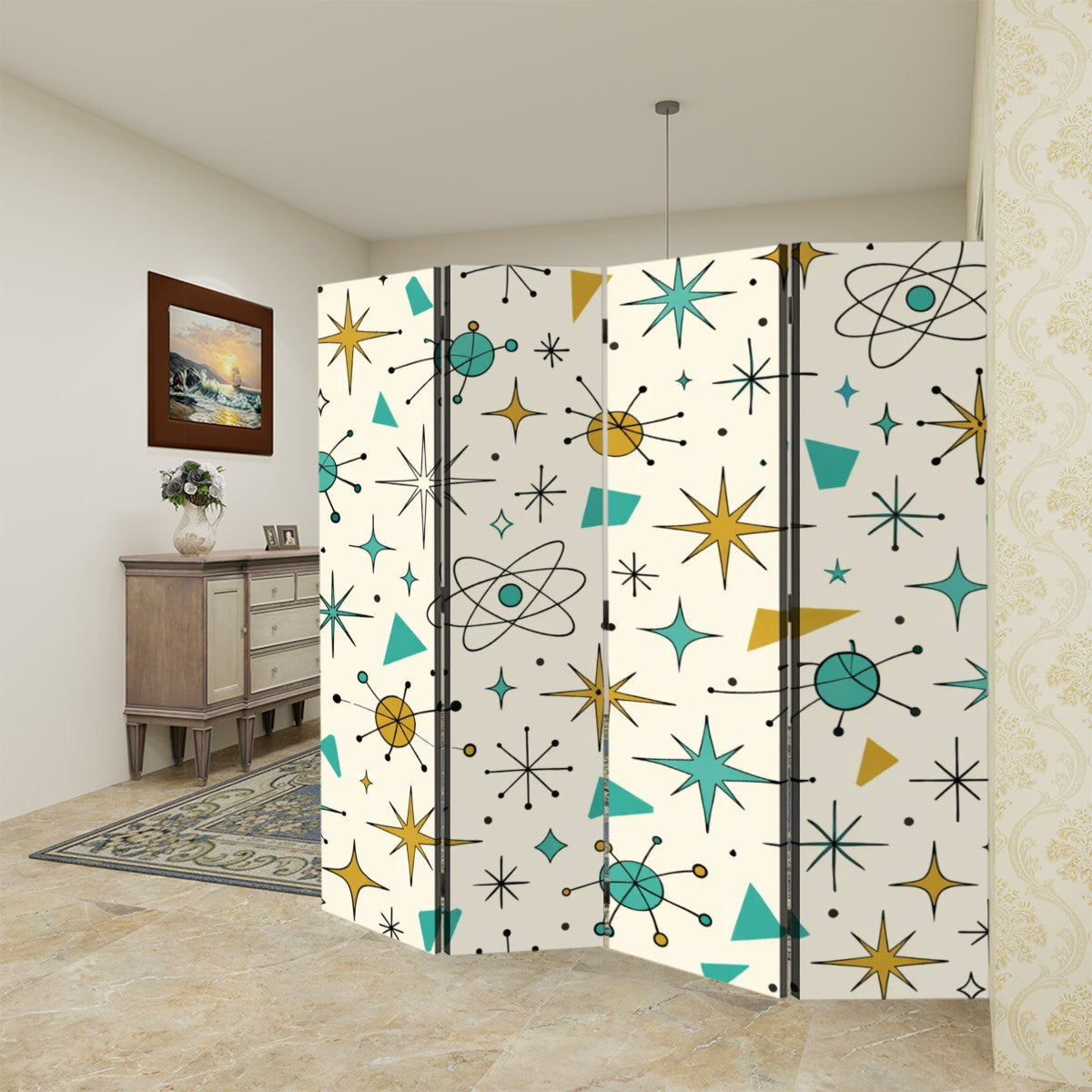 The "Atomic Starburst" 4-Panel Room Divider – Mid-Century Modern Folding Screen with Vintage Googie Pattern